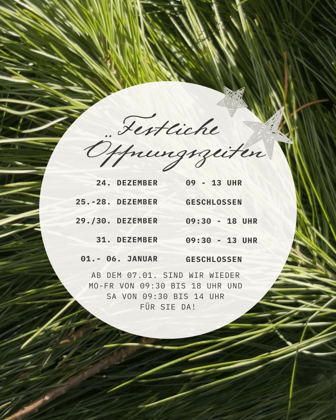 Öffnungszeiten Weihnachten und Silvester